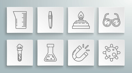 Set line Test tube and flask chemical, Tweezers, Magnet, Bacteria, Alcohol or spirit burner, Laboratory glasses and glassware beaker icon. Vector