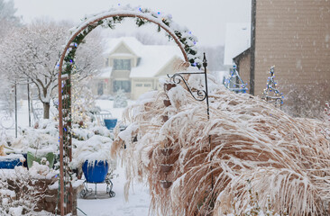 Ornamental Miscanthus sinensis, clay and cobalt pots, Mexican feather grass and garden arbors and obelisks enrobed in garland and sparkling lights create a peaceful winter scene.