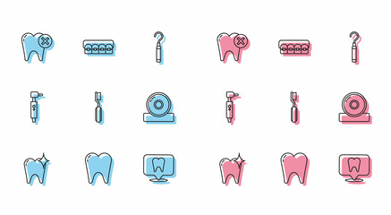 Set line Tooth whitening concept, with caries, Dental clinic location, Toothbrush, Otolaryngological head reflector, drill and Teeth braces icon. Vector