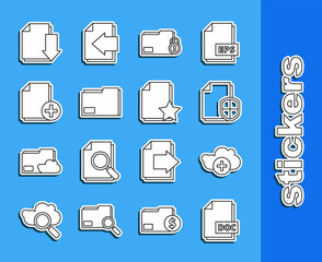 Set line DOC file document, Add cloud, Document protection concept, Folder and lock, folder, new, with download and star icon. Vector