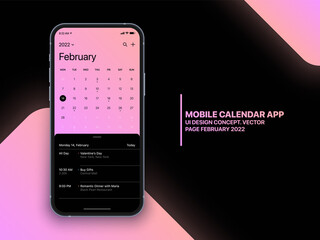 Mobile Calendar App Concept February 2022 Page with To Do List and Tasks UI UX Design Vector on Realistic Phone Screen Mockup Isolated on Background. Smartphone Business Planner Application Template