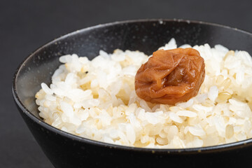 梅干しがのった玄米入りご飯　米
