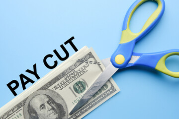 A picture of scissors and fake money with the word pay cut.