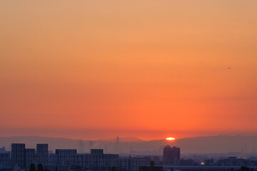 都市の夜明け。太陽が昇りあたりはオレンジ色に染まる。神戸市東灘区の高台岡本梅林公園から神戸市街地、大阪方面を臨む。
