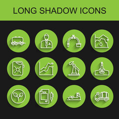 Fototapeta premium Set line Bio fuel, Contract money and pen, Oil railway cistern, tanker ship, Tanker truck, price increase, rig with fire and pump or pump jack icon. Vector