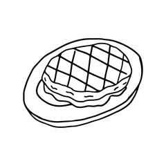 Grilled steak on a dish in doodle style. Isolated vector.