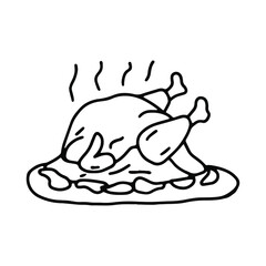 Baked chicken on a dish in doodle style. Isolated vector.