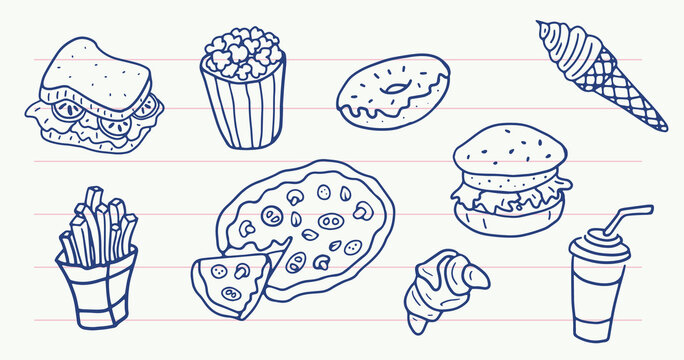 Fast Food Set in Doodle style. Hand drawn Illustration. Isolated vector.