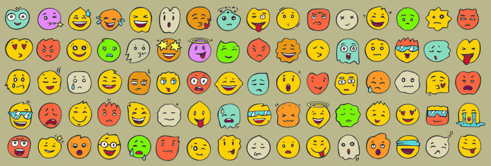 Emoji collection. Hand drawn 80 vector icons with different characters