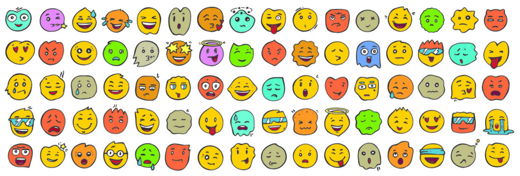 Emoji collection. Hand drawn 80 vector icons with different characters