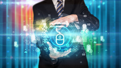 Businessman holding technology icon concept