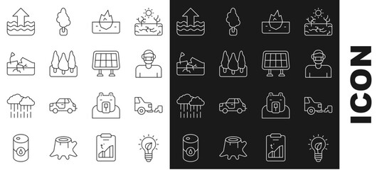 Set line Light bulb with leaf, Car exhaust, Face in protective mask, Iceberg, Forest, Earthquake, Rise water level and Solar energy panel icon. Vector