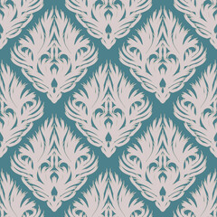 Damask seamless floral pattern. Beige ornament on a blue and green background in vector 