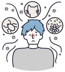 	アレルギーに悩む男性　シンプルイラスト