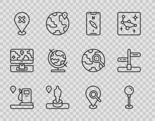 Set line Location and gas station, Push pin, Compass mobile, monument, with cross mark, Earth globe, Search location and Road traffic sign icon. Vector