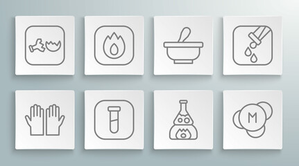 Set line Medical rubber gloves, Fire flame, Test tube and flask, on fire, Molecule, Mortar pestle, and Broken icon. Vector