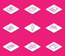 Set line Crossword, Book, Laptop, Robot, Fountain pen nib, Ray gun, Computer and T-shirt icon. Vector