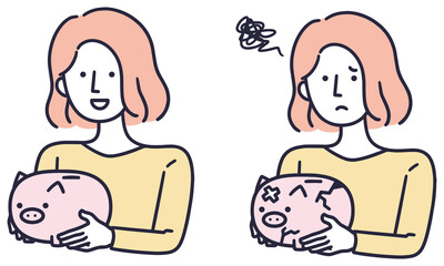 お金　喜ぶ悩む　女性　シンプルイラスト