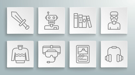 Set line Sweater, Robot, Virtual reality glasses, Card game, Headphones, Book, Nerd geek and Sword for icon. Vector