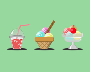 FLAT ILLUSTRATION ICE CREAM AND ICE DRINK FOR DECORATION, COMPONENT, ELEMENT AND DOODLE STIKER 