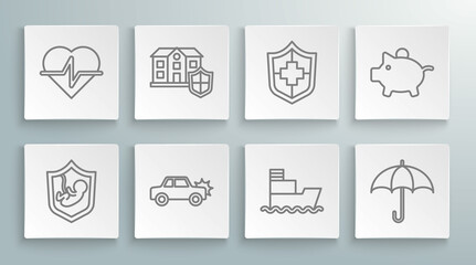 Set line Life insurance with shield, House, Car, Ship, Umbrella, Piggy bank and icon. Vector