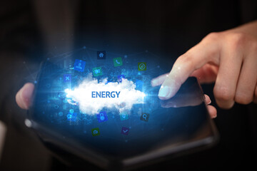 Businessman holding a foldable smartphone, technology concept