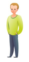 Handsome little boy in pants and sweater. Cheerful middle aged teen. Cheerful person. Standing pose. Cartoon comic flat design. Single character. Illustration isolated on white background. Vector