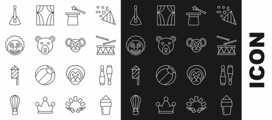 Set line Ice cream, Bowling pin, Drum with drum sticks, Magic hat and wand, Bear head, Clown, Balalaika and Monkey icon. Vector - obrazy, fototapety, plakaty