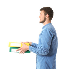 Young man with folders on white background