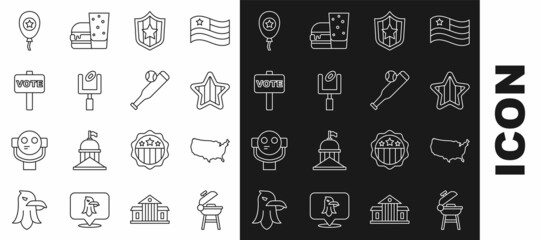 Set line Barbecue grill, USA map, Independence day, Shield with stars, American football goal post, Vote, Balloons and Baseball bat icon. Vector
