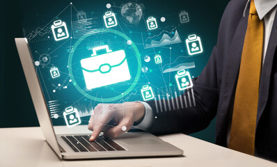 Business hand working on laptop, successful business concept