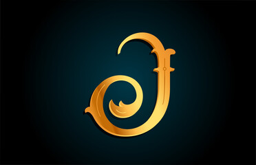 Golden J alphabet letter logo design icon. Creative template for business or company with yellow color