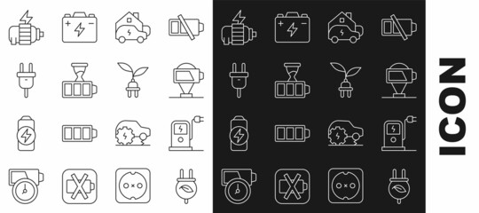 Set line Electric saving plug in leaf, car charging station, Battery charge, Charging home, motor and icon. Vector