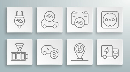 Set line Battery charge, Eco car, Electric price, Charging parking electric, truck, nature leaf battery, Electrical outlet and saving plug icon. Vector