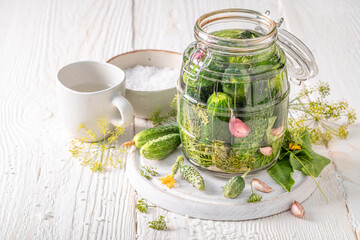 Pickled cucumbers made of vegetables from backyard greenhouse.