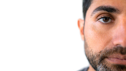 Fototapeta premium Headshot serious male looks confidently at camera isolated over white background