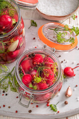 Preparation for pickled radishes with garlic, allspice and dill.