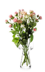 Vase with bouquet of beautiful roses on white background