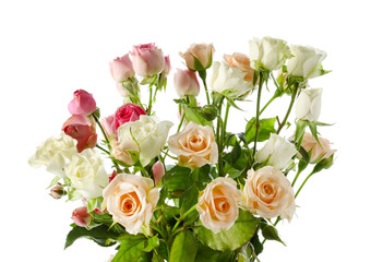 Bouquet of beautiful fresh roses on white background