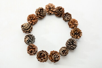 Frame made of pine cones on white background
