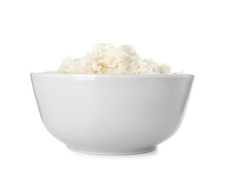 Bowl with tasty boiled rice on white background