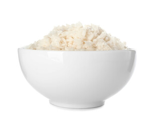 Bowl with tasty boiled rice on white background