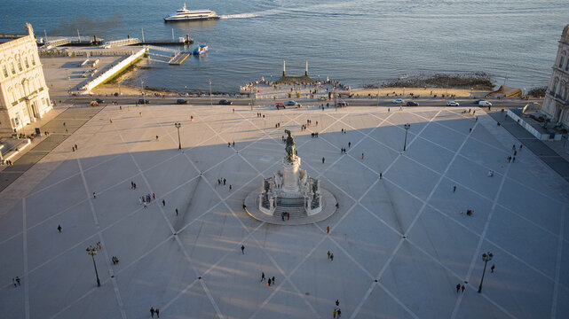 Aerial View Of King Joseph I Statue In Commerce Square, Lisbon, Portugal.