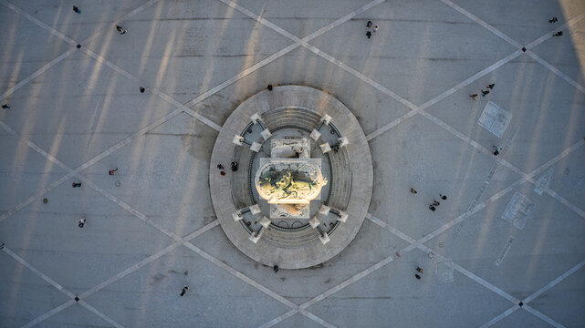 Aerial Top View Of King Joseph I Statue In Commerce Square, Lisbon, Portugal.