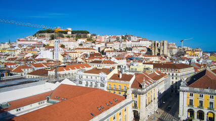 Fototapeta na wymiar Lisbon, Portugal - January 13, 2022: Aerial drone view of the Augusta Street Arch from Commerce Square in Lisbon, Portugal.