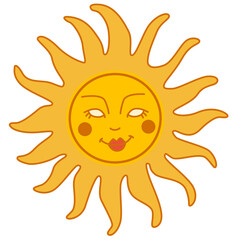 Cute retro sun with smiling face. Retro groovy style.