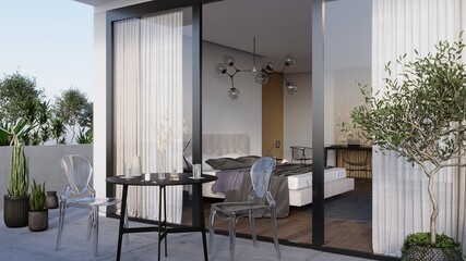 Private house with swimming pool. House in modern style. Armchair egg next to the pool. 3d render