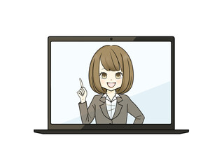 オンラインで説明しているスーツ姿の女性