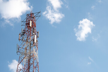 Telecommunication tower of 4G and 5G cellular. Antenna transmission communication. Cell phone signal base station.