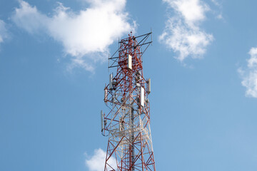 Telecommunication tower of 4G and 5G cellular. Antenna transmission communication. Cell phone signal base station.